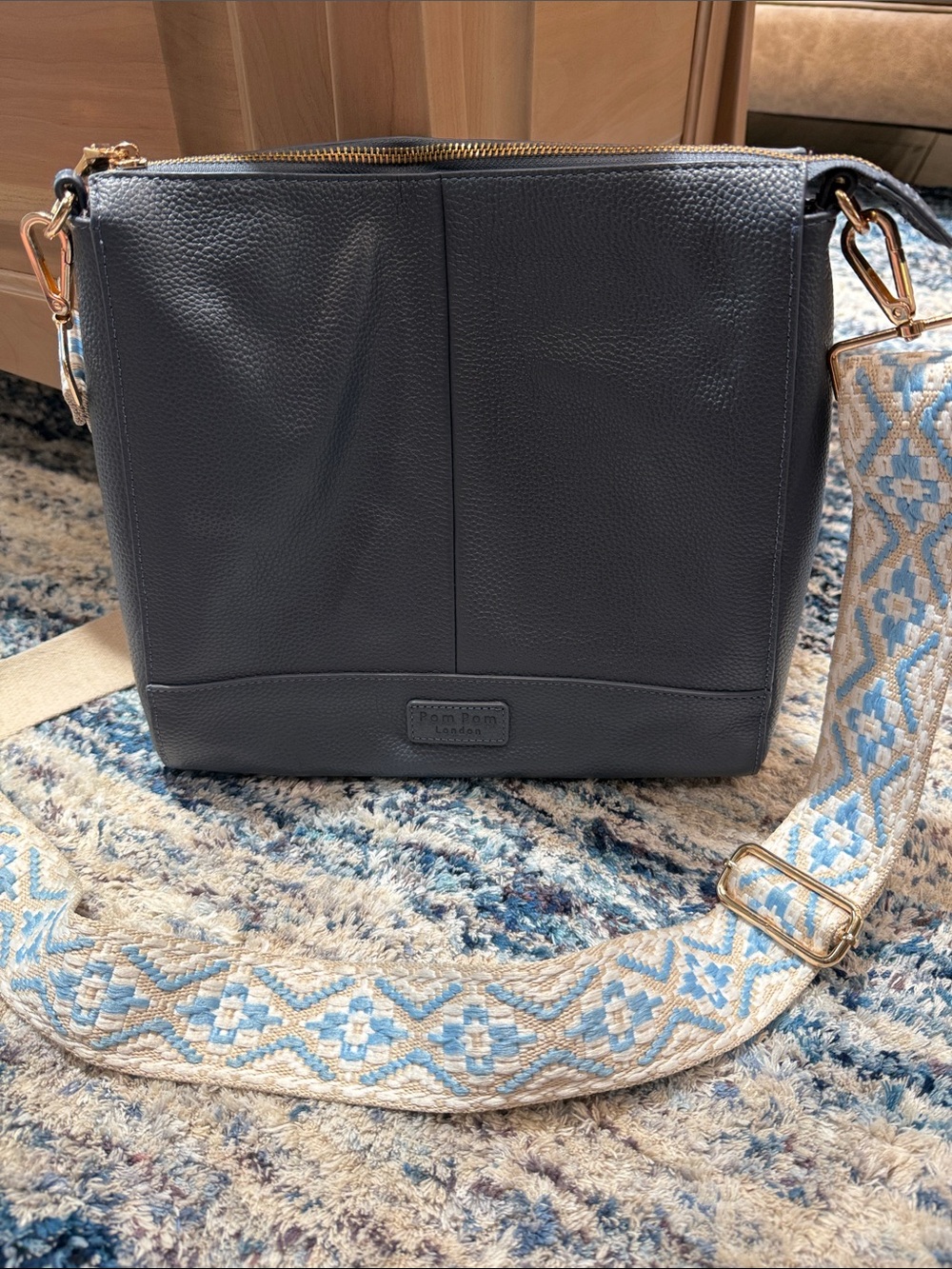 Pom Pom London Blue Leather Crossbody with Patterned Strap